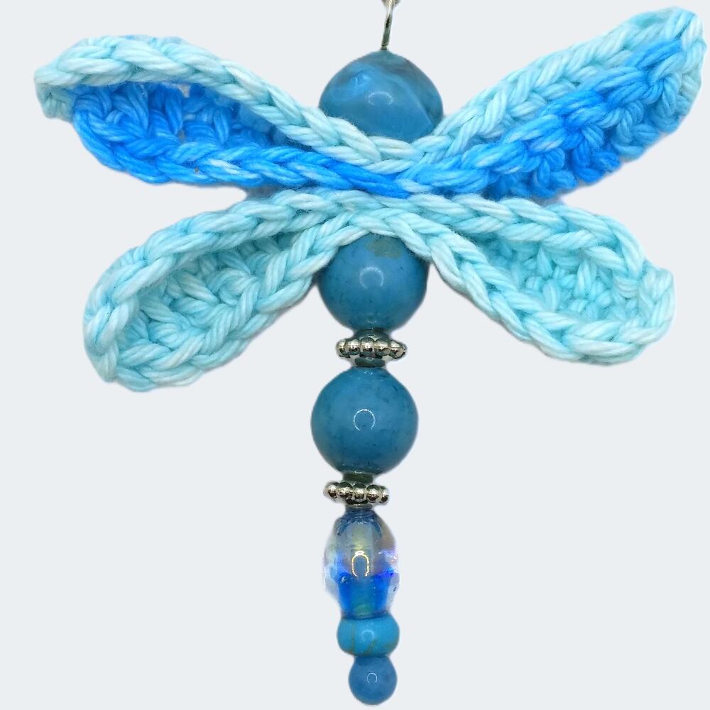 Crochet Wings Dragonfly Bag Charm Handmade Upcycled Blue Beaded Keychain NEW - Picture 4 of 9